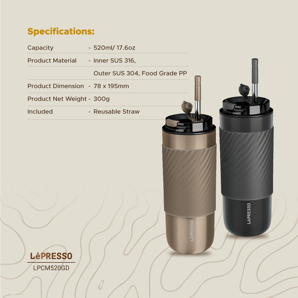 LePresso Coffee Mug with Sleeve and Straw 520ml - Grey
