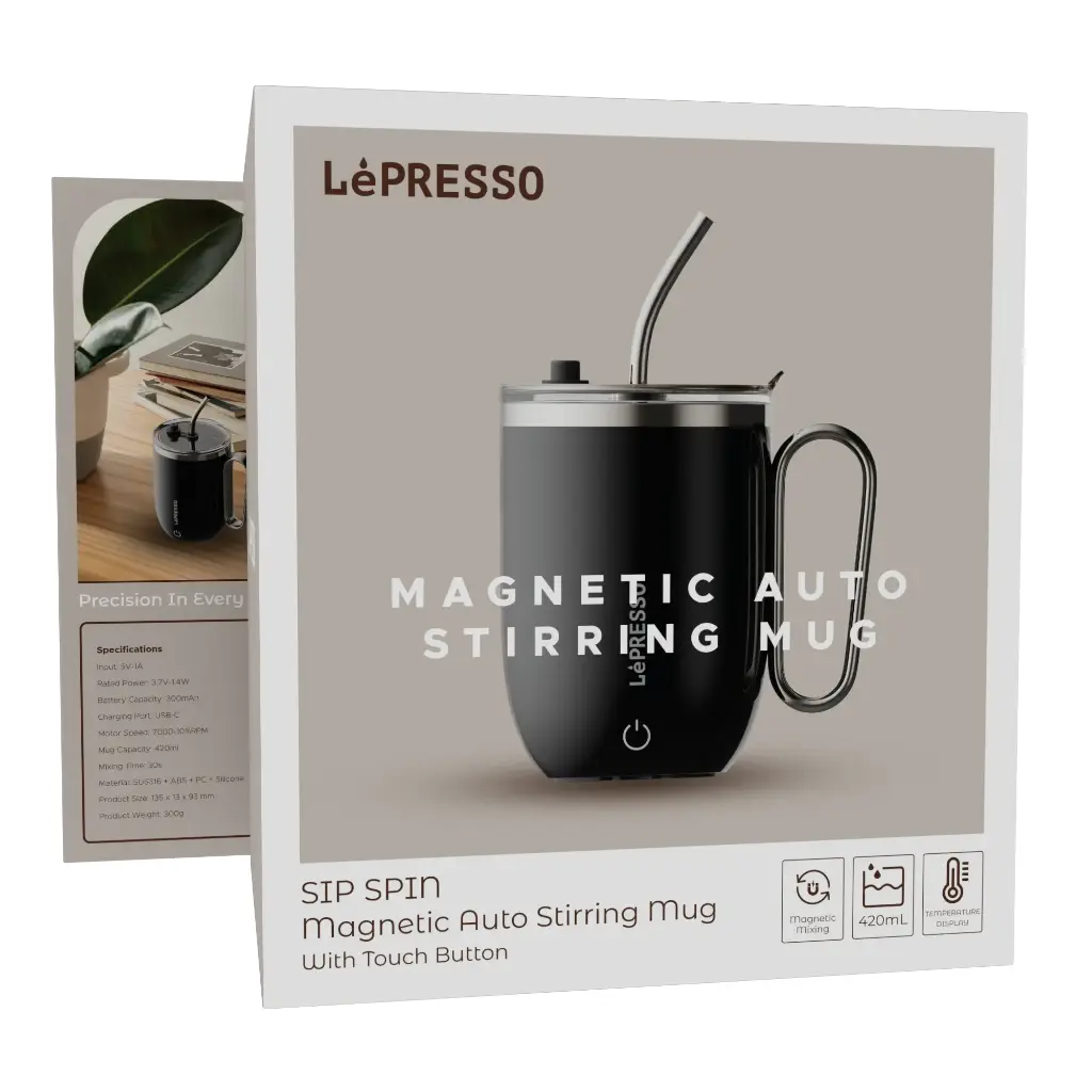 LePresso Sip Spin Auto Stirring 420ml Mug - Black