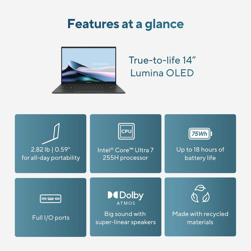 ASUS ZENBOOK UX3405C Intel Core Ultra 7 Processor 255H 16GB LPDDR5X On Board 512GB M.2 NVMe PCIe 14" OLED (2880 x 1800) Intel Arc Graphics Touch Screen Windows 11 Home Jasper Gray