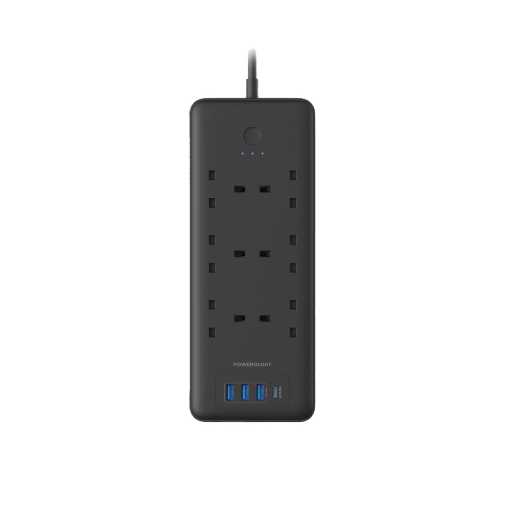 Powerology 30W Wall Socket UK Plug 3 AC*1 USB-A*1 USB-C with 2m USB-C Cable - Black