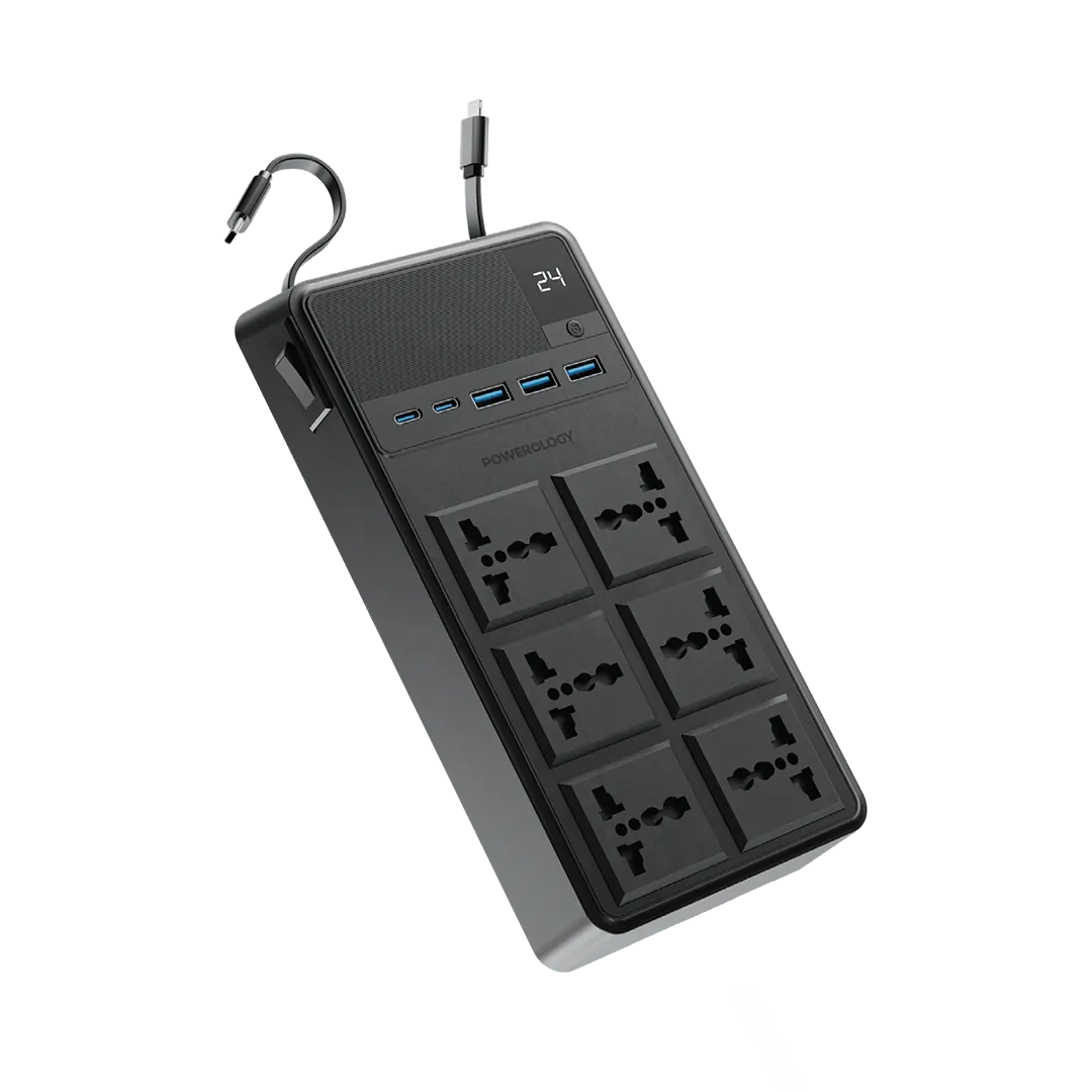 Powerology PD75W 2*USB-C +2*USB-A GaN Desktop Power Strip with Retractable Cable - Black