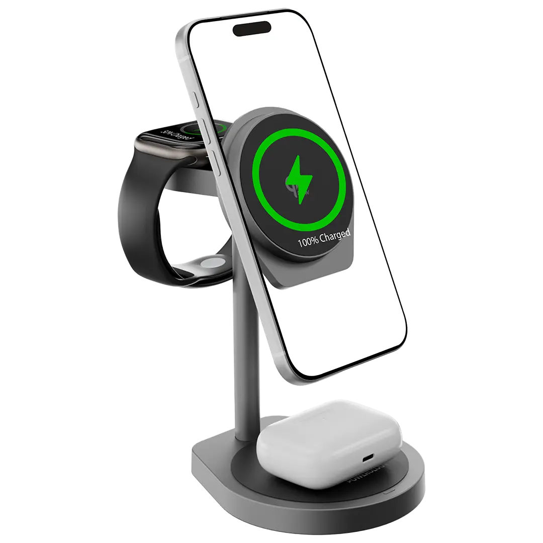 Powerology 3-in-1 Foldable Magnetic Wireless Charger - Black