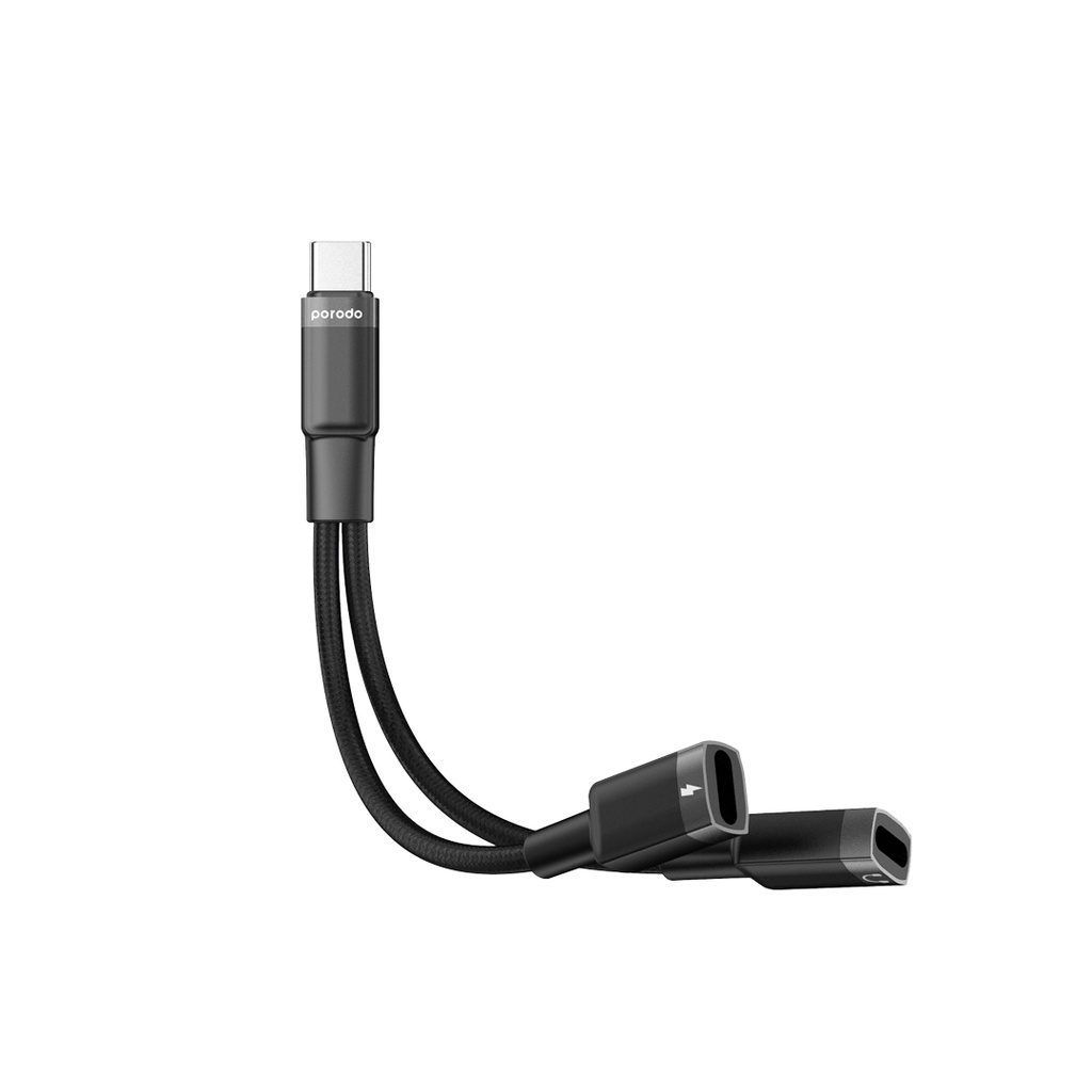 Porodo 2in1 Type-C to 2*TypeC Jack Headphone and Charging Converter Adapter - Black