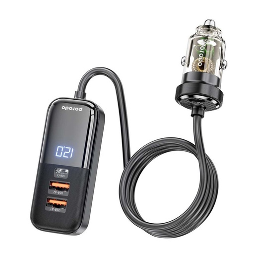 [PD-120TMCC-BK] شاحن سيارة Porodo 120W شفاف متعدد المنافذ مع توسعة خلفية - أسود