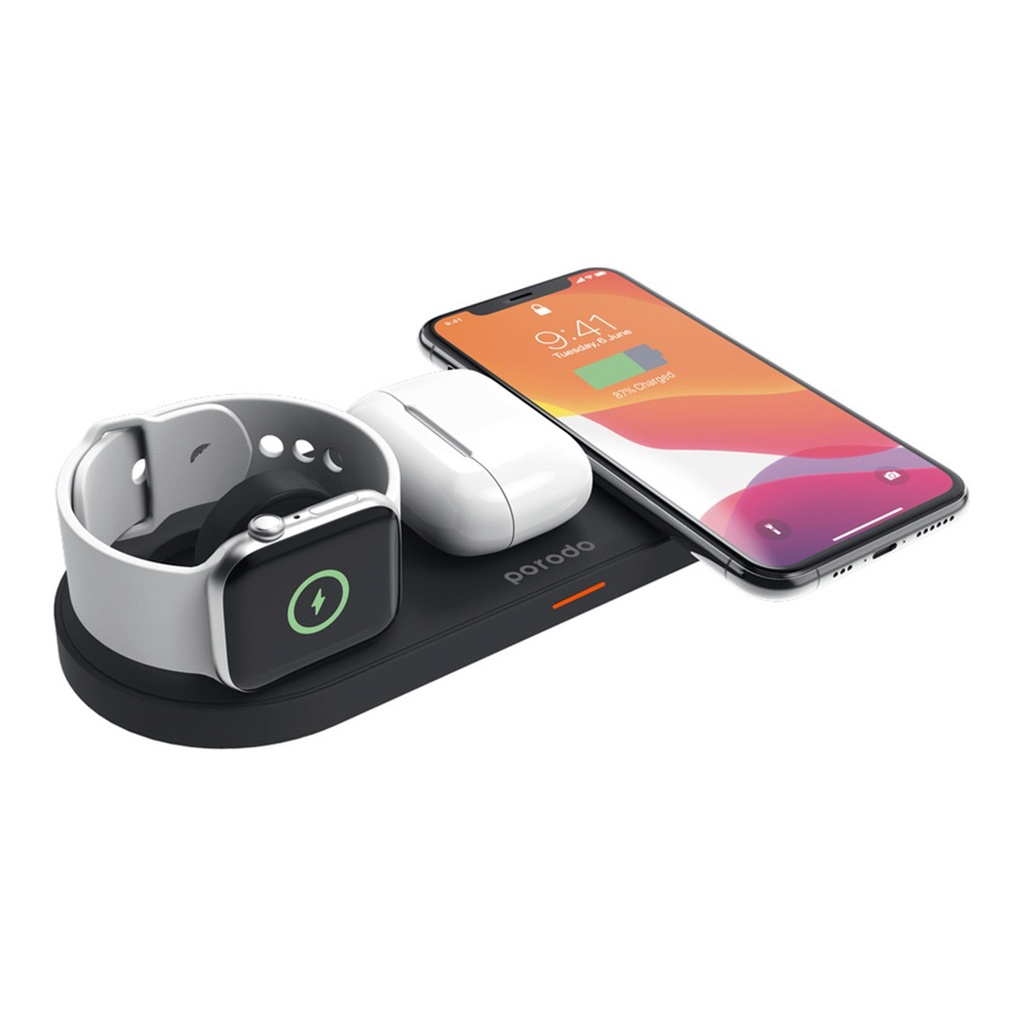 Porodo 15W All-in-One Transparent Glass Lenses Multifunctional Magnetic Wireless Cha rging Station with USB-C Watch Charger - Black
