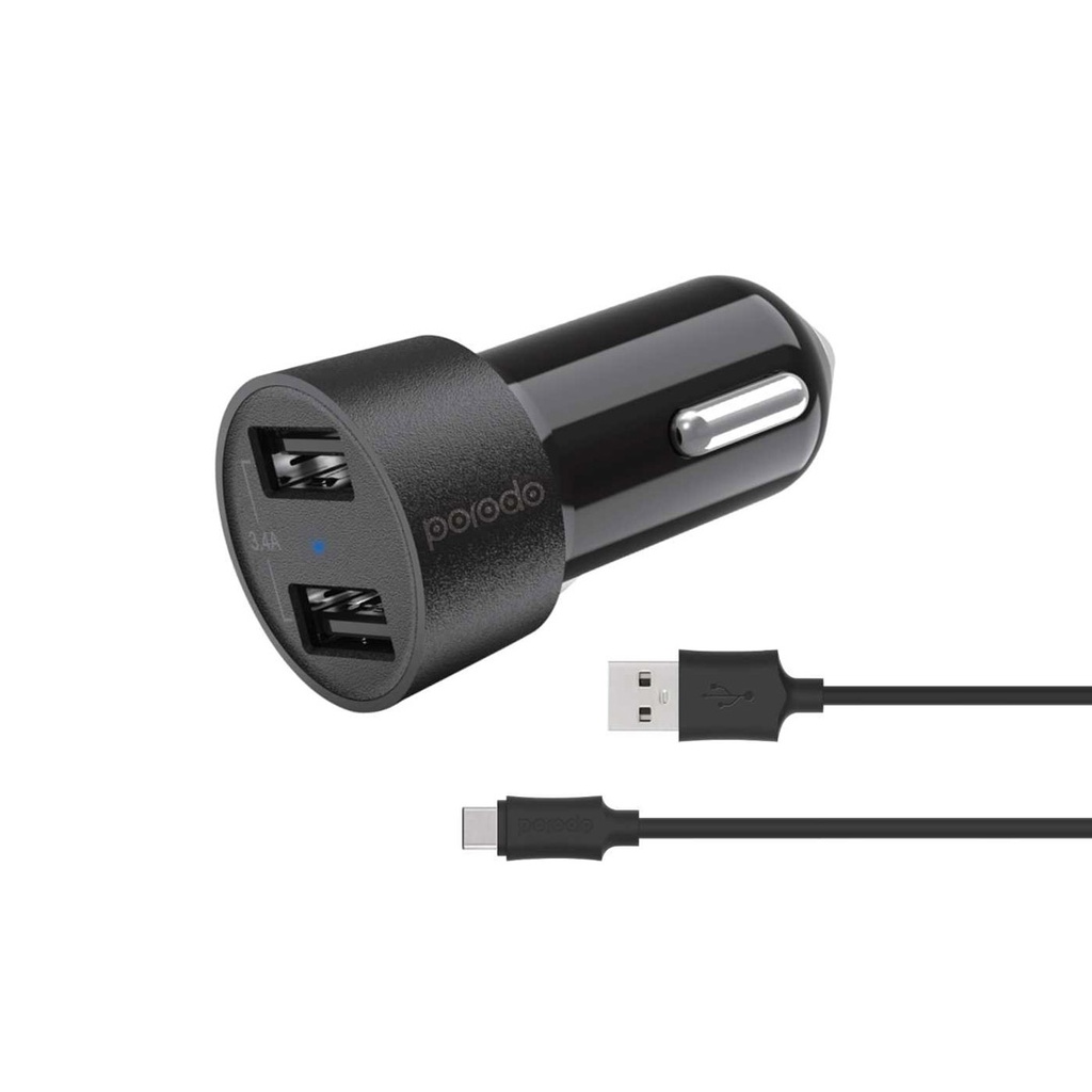 Porodo Blue 15W USB-A+C Port Car Charger with C to C .9m Cable - Black