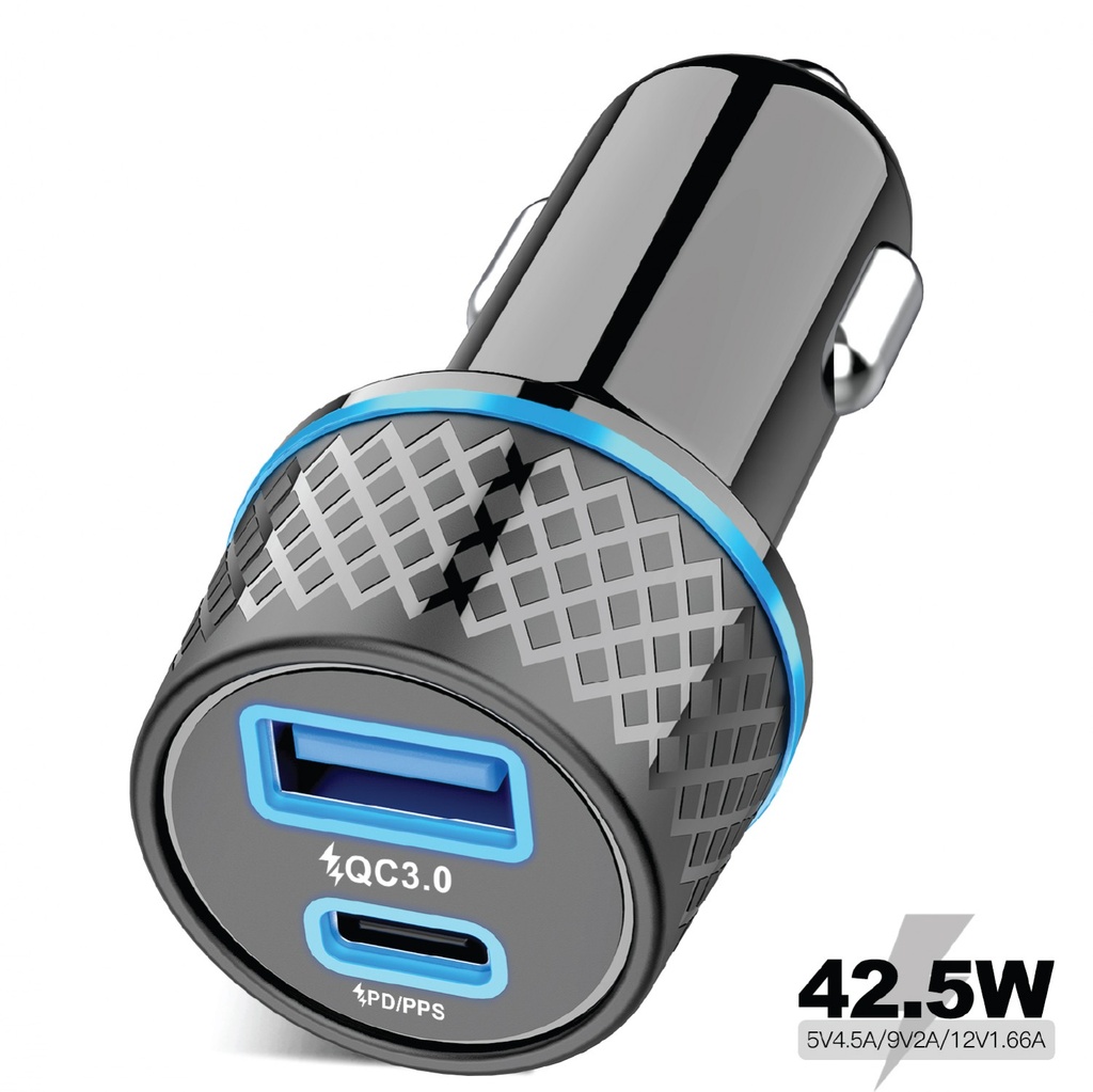 [PB-FWCH037-BK-L] شاحن سيارة Porodo Blue 15W USB-A+C مع كابل C إلى L - أسود