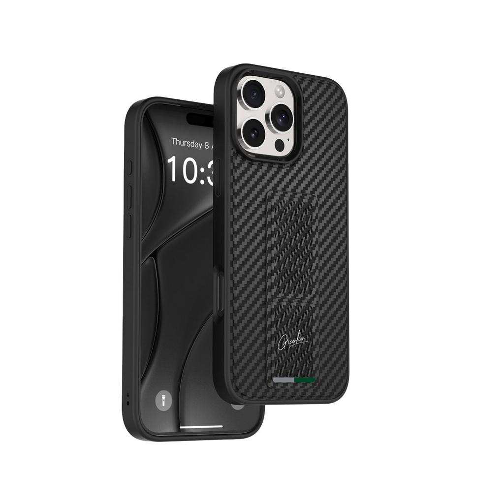 Green Lion GripX MultiFunctional Kickstand for iPhone 16 Pro Max - Matte Carbon Leather