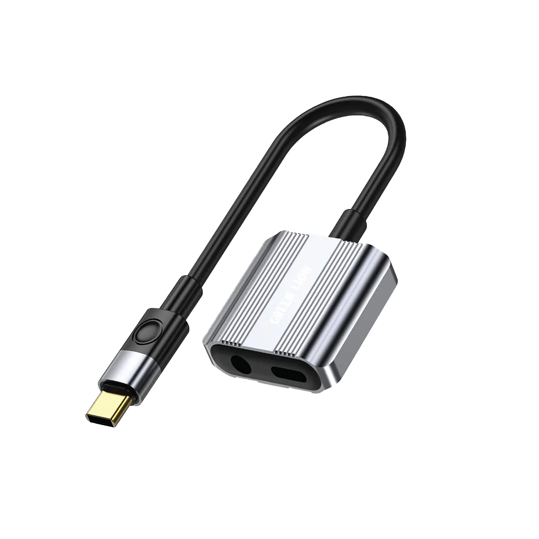 Green Lion 2 In 1 Splitter Adapter Type-C to AUX & Type-C - Gray