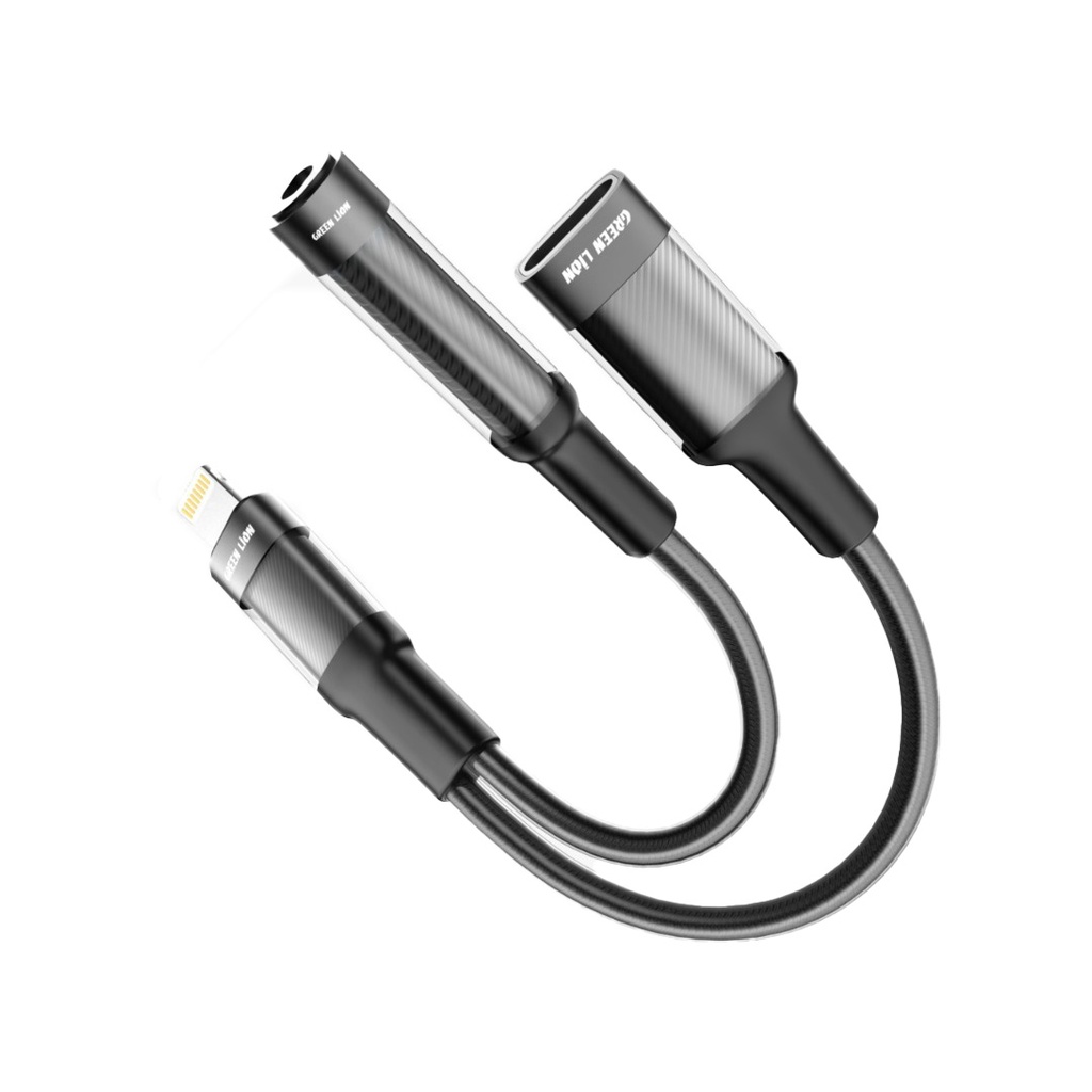 [GNEARADLTLAUXBK] Green Lion 2 in 1 Earphone & Charging Adapter Lightning to Lightning + 3.5 12CM - Black