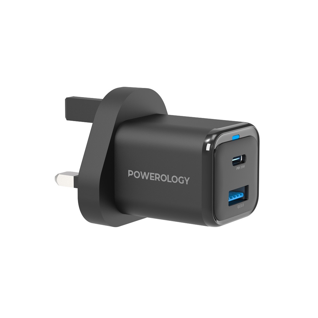 شاحن Powerology GaN 35W UK مع كابل USB-C - أسود