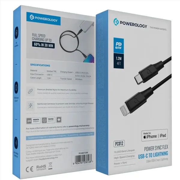 [PCAB012BK] Powerology MFI Lightning to USB-C TPE Jacket Over-Molded Cable 1.2 Meter - Black