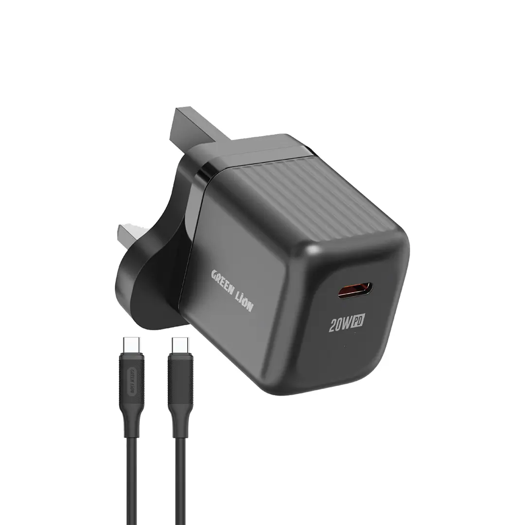 Green Lion Ultra Compact GaN Wall Charger UK Pin USB-C PD 20W C to C - Black