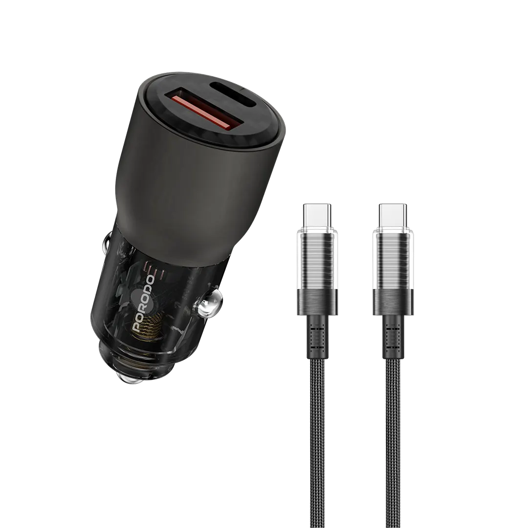 Porodo 96W Transparent USB-A+C Port Car Charger with C to C .9m Cable - Grey