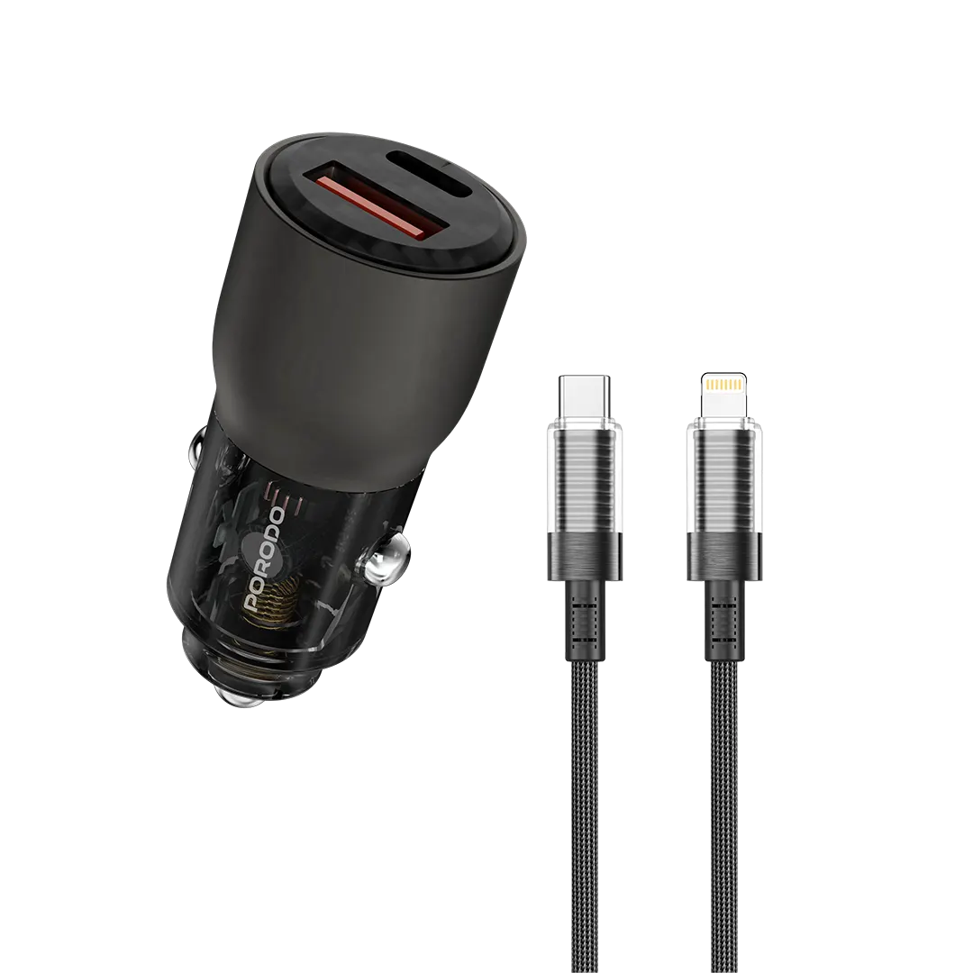Porodo 96W Transparent USB-A+C Port Car Charger with C to L .9m Cable - Grey