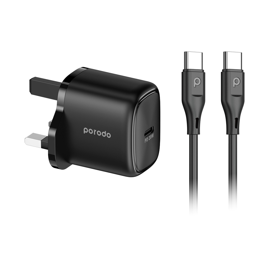 Porodo PD20W UK Charger with Type-C to C Cable - Black