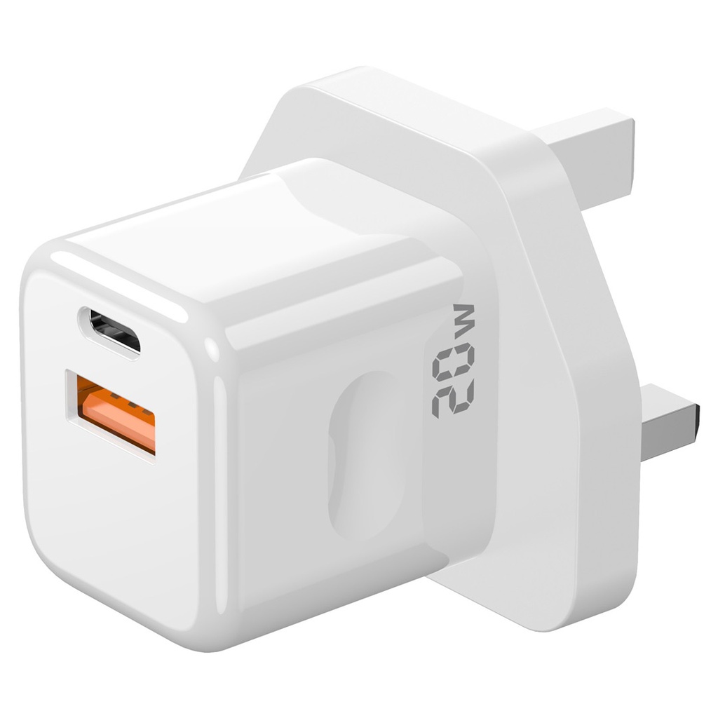 Porodo Blue 20W Wall Charger 1*PD Type-C and 1* QC Type-A UK with TypeC to L Cable - White