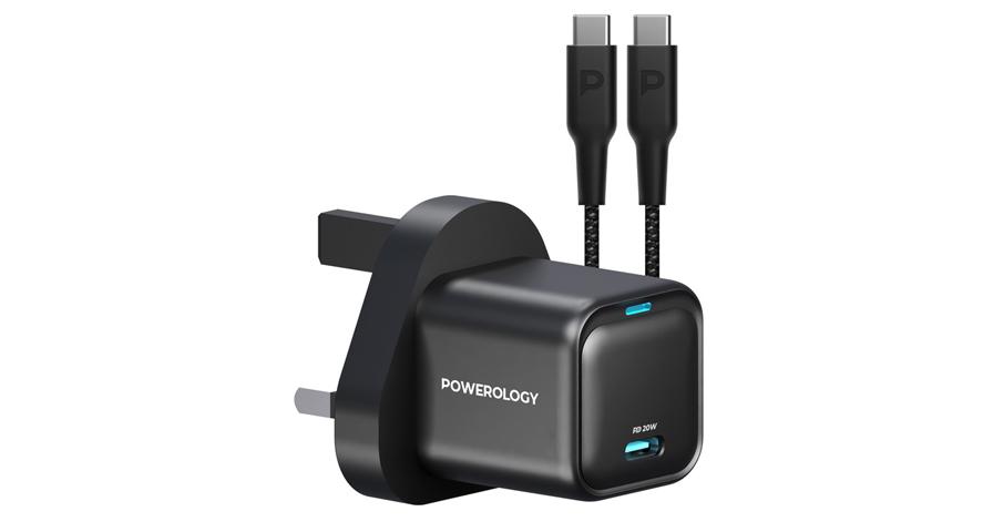 Powerology 20W Single C Port PD Charger UK with Type C to C 60W cable - Black