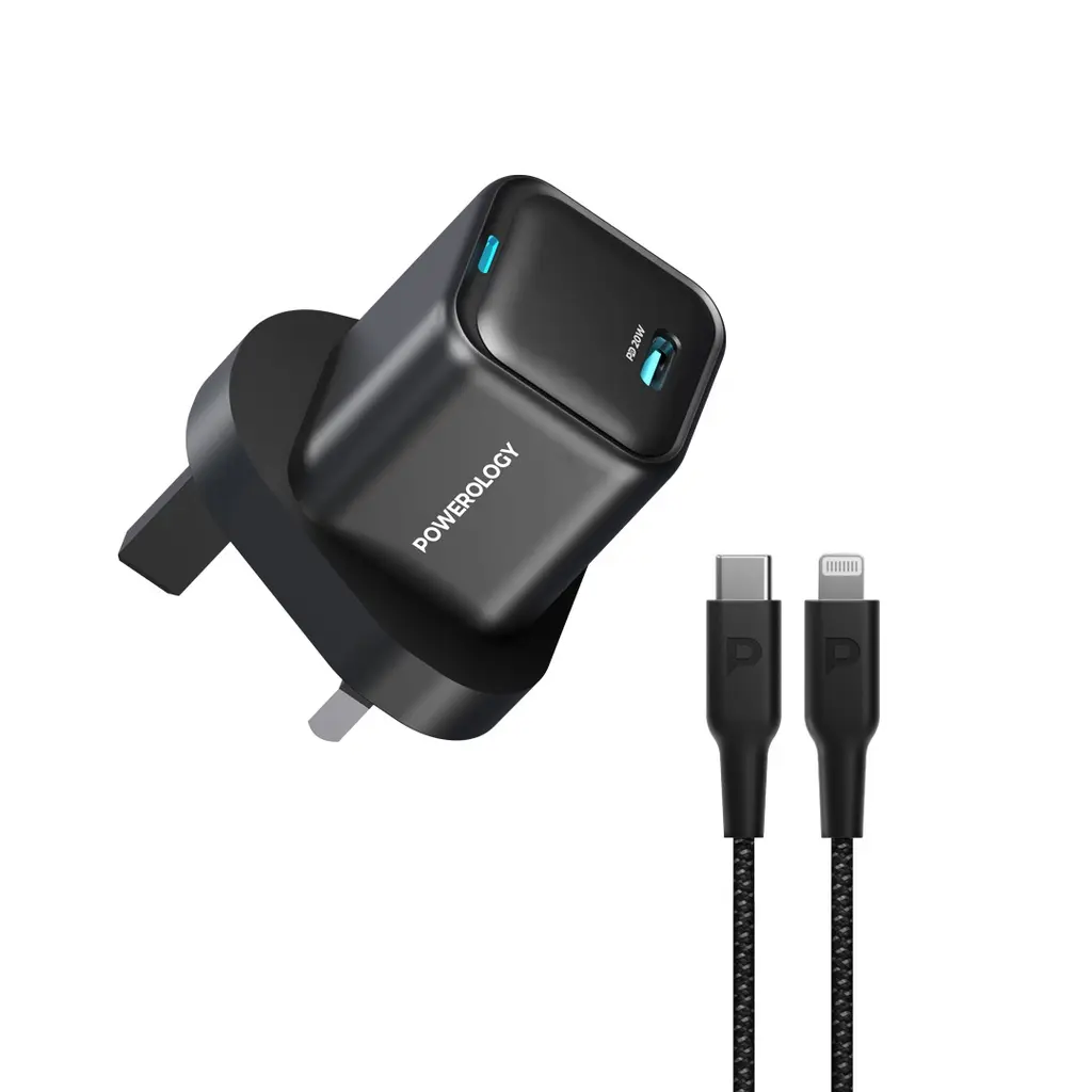Powerology 20W Single C Port PD Charger UK with Type C to Lightning MFI 27W Cable - Black