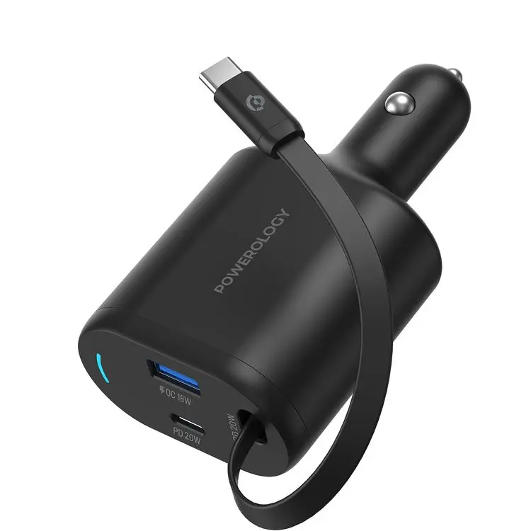 Powerology PD65W + QC18W + Type C Extendable Cable 20W Dual Ports Car Charger 1m- Black