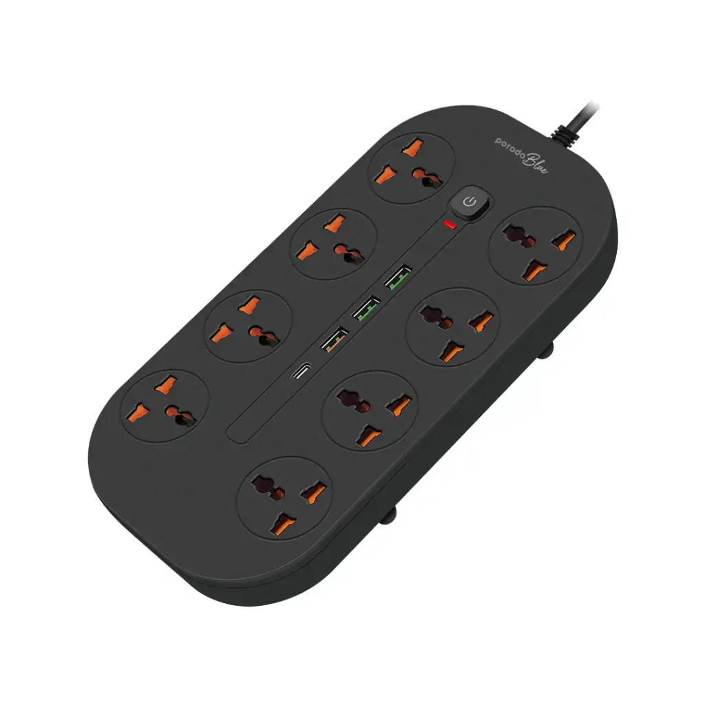 [PBFWCH035-BK] مقبس كهرباء Porodo Blue بـ 8 منافذ USB-C وUSB-A فيشة بريطانية (3م) - أسود
