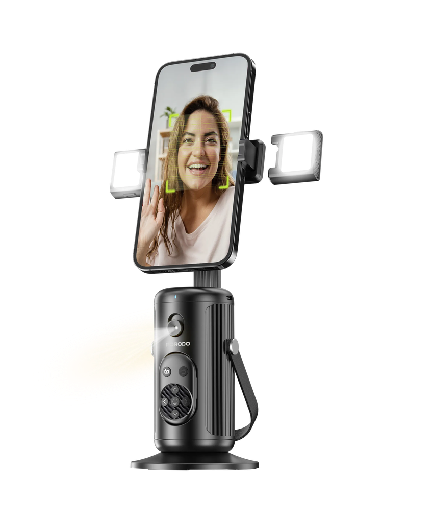 Porodo Multifunctional Foldable Phone Stand with AI Face Tracking and Detachable Fill Lights