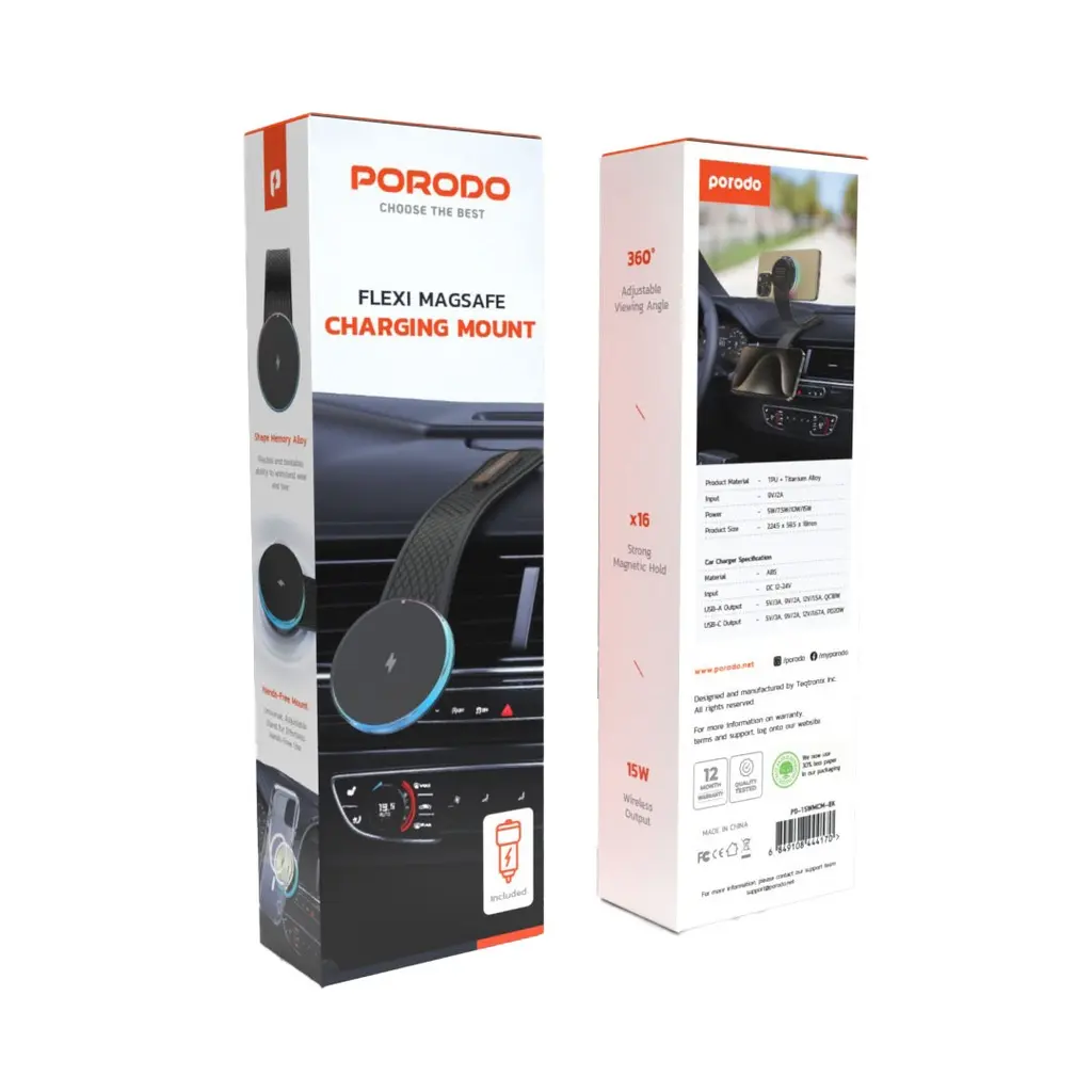 Porodo 15W Magnetic Wireless Car Mount with Dual Port Car Charger & C-C Cable 1M - Black