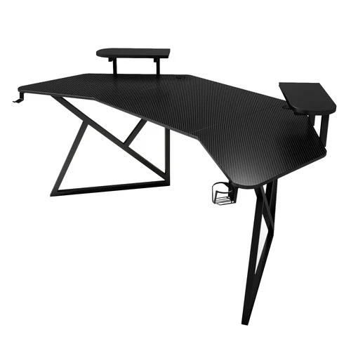 Z-Shaped Gaming Desk with Carbon Fiber Surface, Monitor Shelf, Cup Holder & Headphone Hook - Black