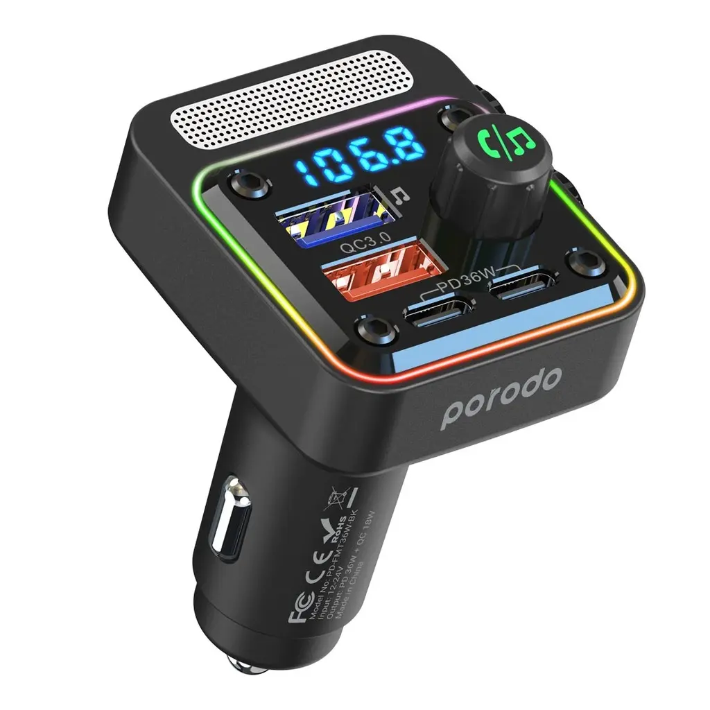 [PD-FMT36W-BK] Porodo Quick-Charge FM Car Charger (Dual USB-C & USB-A) PD 36W - Black