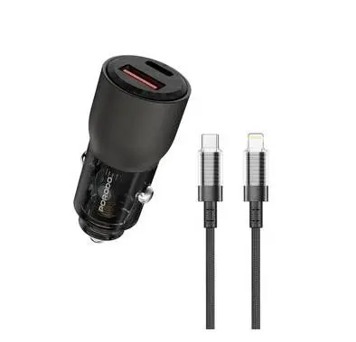 Porodo 95W Transparent USB-A+C Port Car Charger with Integrated USB-C Cable and Lightning Coiled Cable - Black