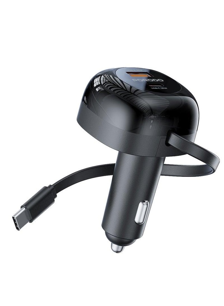 [PD-FWCH030-BK] Porodo Retractable Car Charger with Collapsible Type C Cables - Black