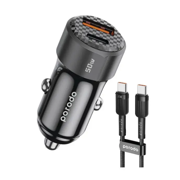 Porodo 50W Dual Port Car Charger PD 20W QC 30W with C to C Cable - Black