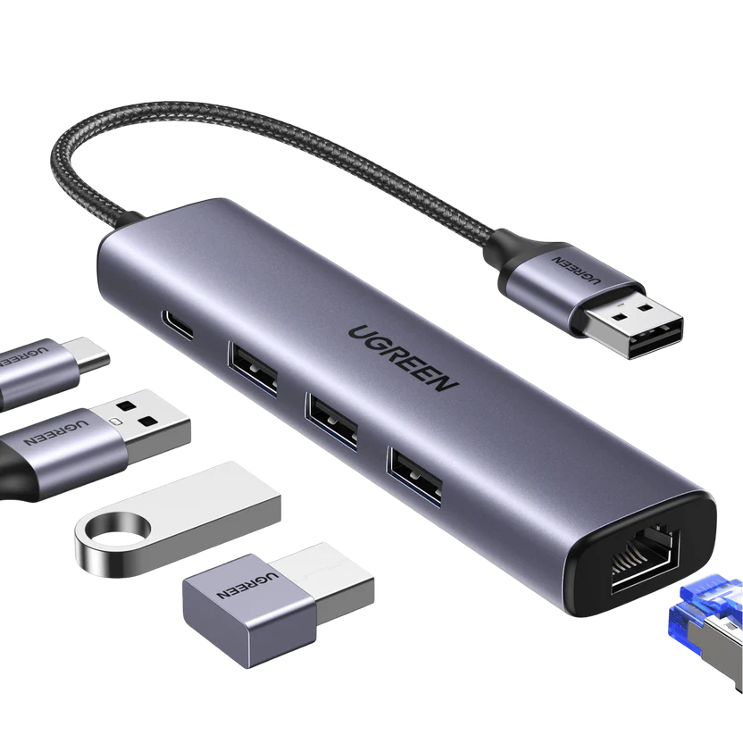 محول Ugreen USB3.0 إلى 3×USB3.0 وRJ45 جيجابت بمنفذ طاقة Type-C