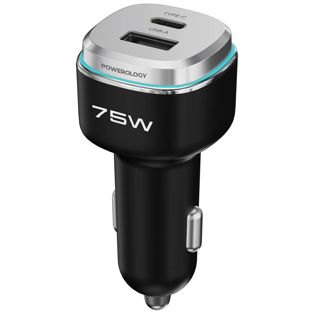 Powerology 75W USB A+C Port Car Charger With C to C Cable - Black/Grey