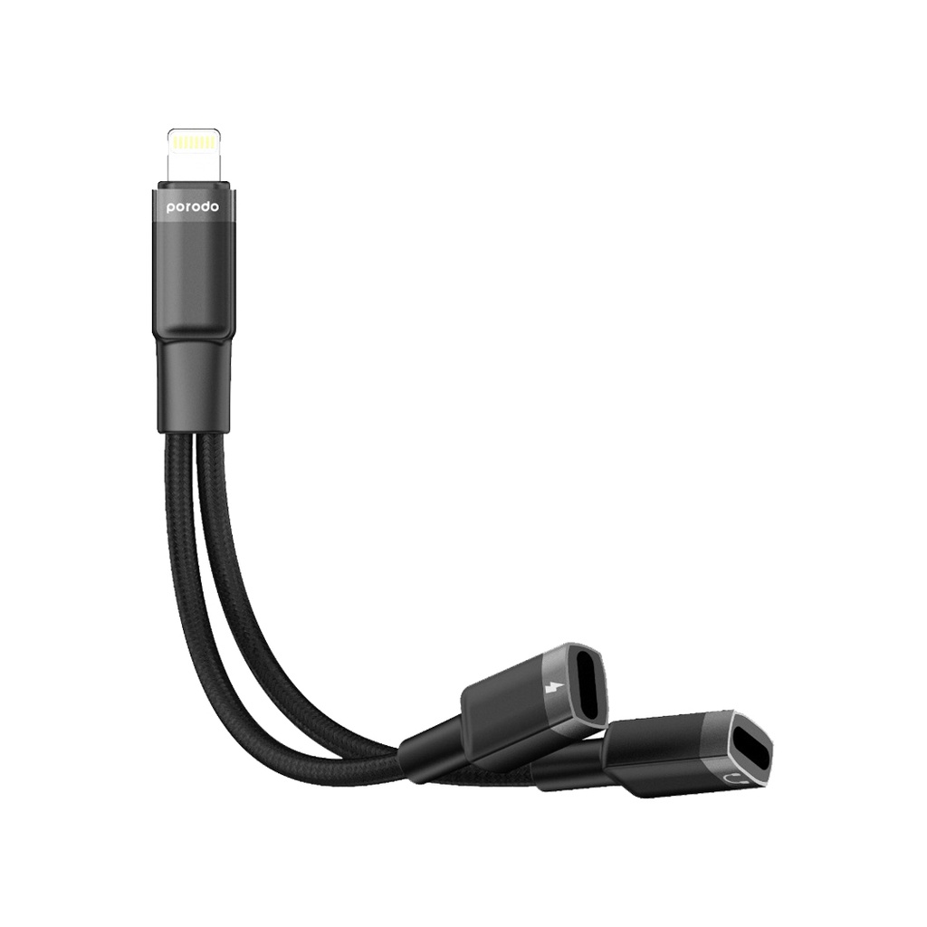 Porodo 2in1 Lightning to 2*Lightning Jack Headphone and Charging Converter Adapter - Black