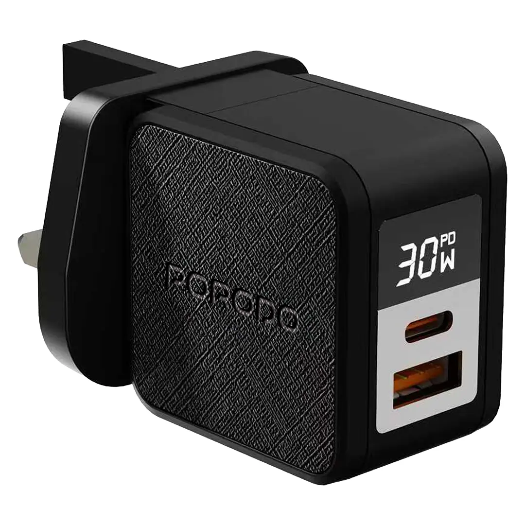 Porodo Quantum 30W A+C UK GaN Charger with Digital Screen with C - L 60W 3A Braided Cable - Black