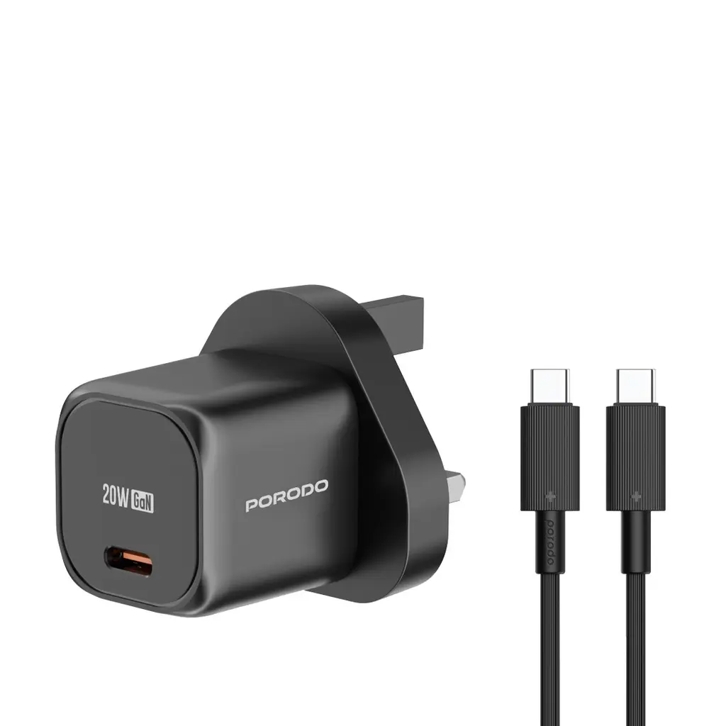 [PD-FWCH027-BK-C] Porodo PD 20W UK Fast Charger with C to C Cable - Black
