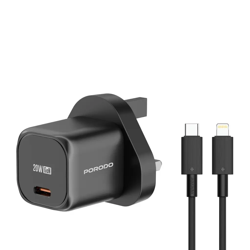 [PD-FWCH027-BK-L] شاحن Porodo PD 20W UK السريع مع كابل C to L - أسود