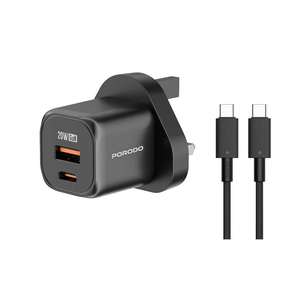 [PD-FWCH028-BK-C] Porodo PD 20W USB QC3.0 UK Fast Charger with C to C Cable - Black