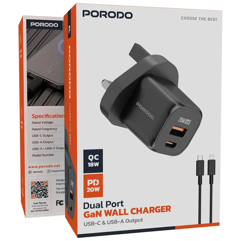 [PD-FWCH028-BK-L] Porodo PD 20W USB QC3.0 UK Fast Charger with C to L Cable - Black