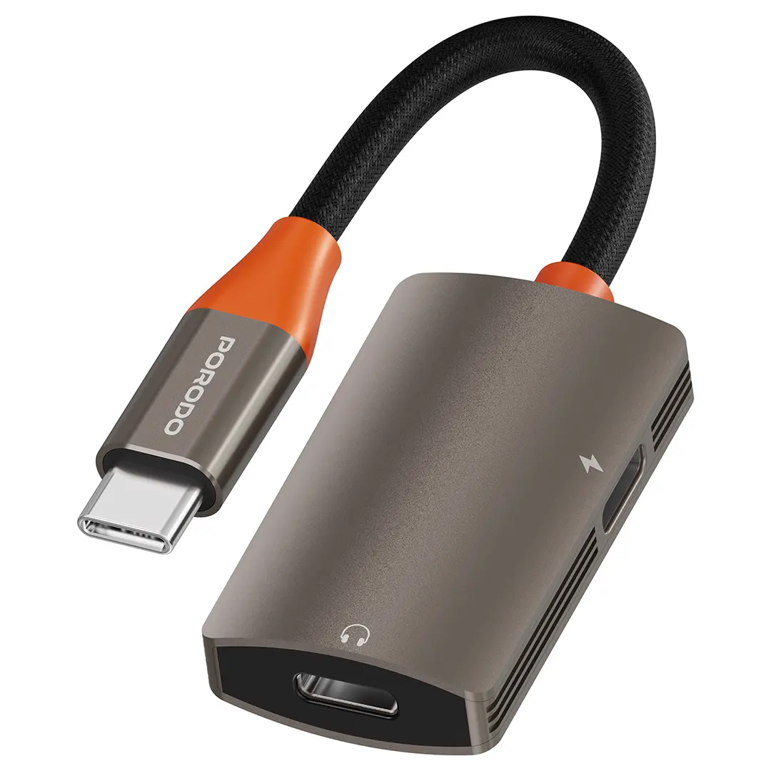 Porodo AudioLink Duo USB-C Interface Audio And Charge Splitter - Black Orange Porodo AudioLink Duo USB-C Interface Audio And Charge Splitter - Black Orange
