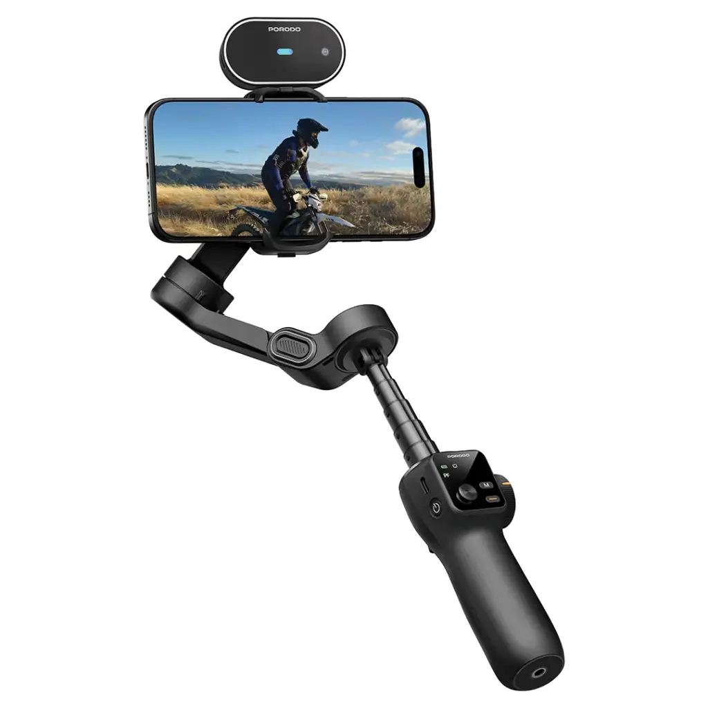 Porodo VeloCam AI Tracker Smartphone Gimbal with Tripod and Magnetic Fill Light  - Black