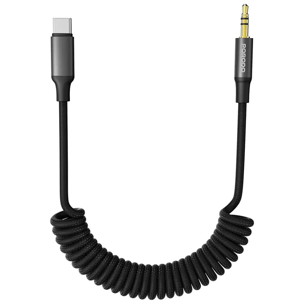 Porodo Type-C to AUX 3.5mm Coiled Braided 1.5m cable -  black