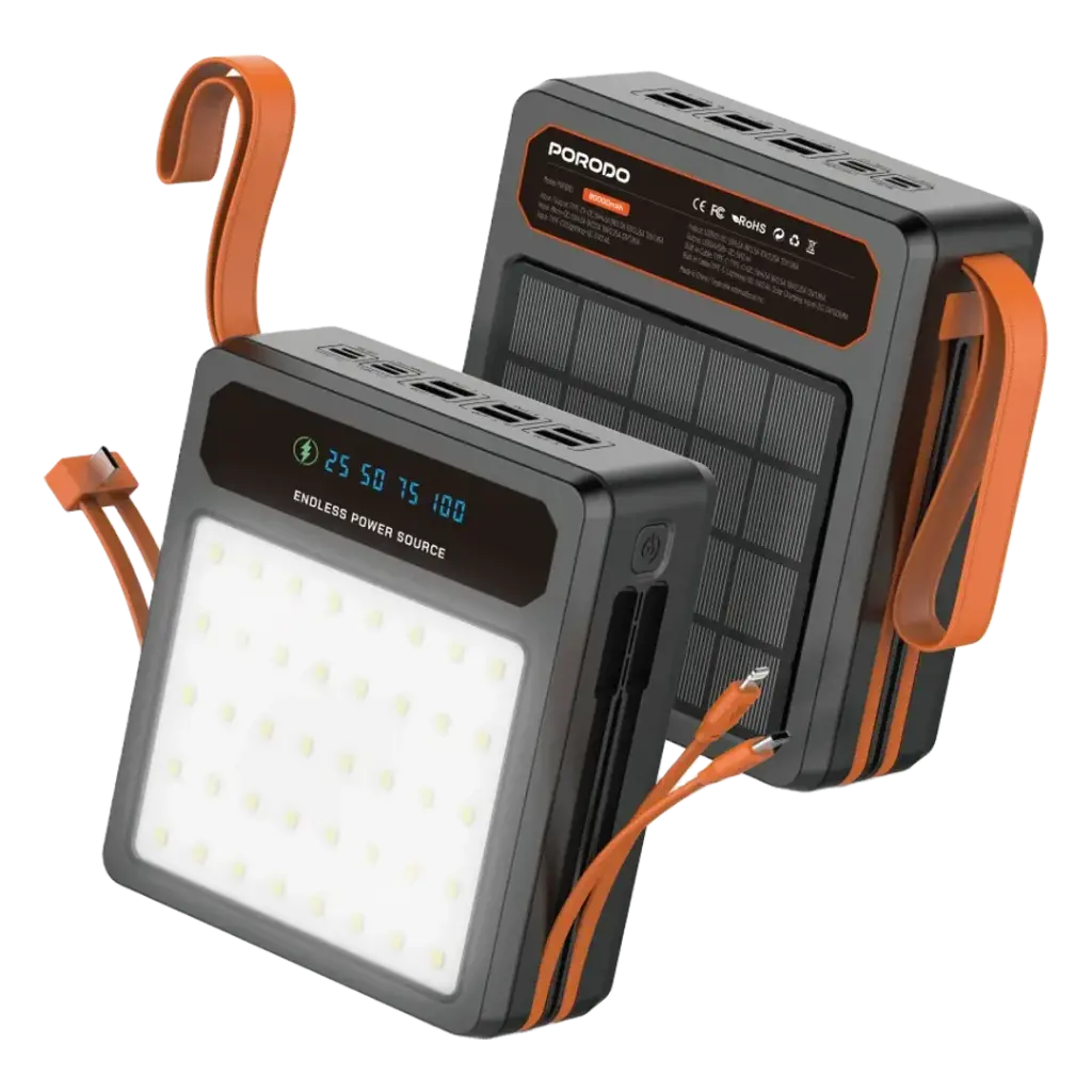 Porodo Solar Powerbank 80000mAh with LED light Built in cable 22.5W - Black