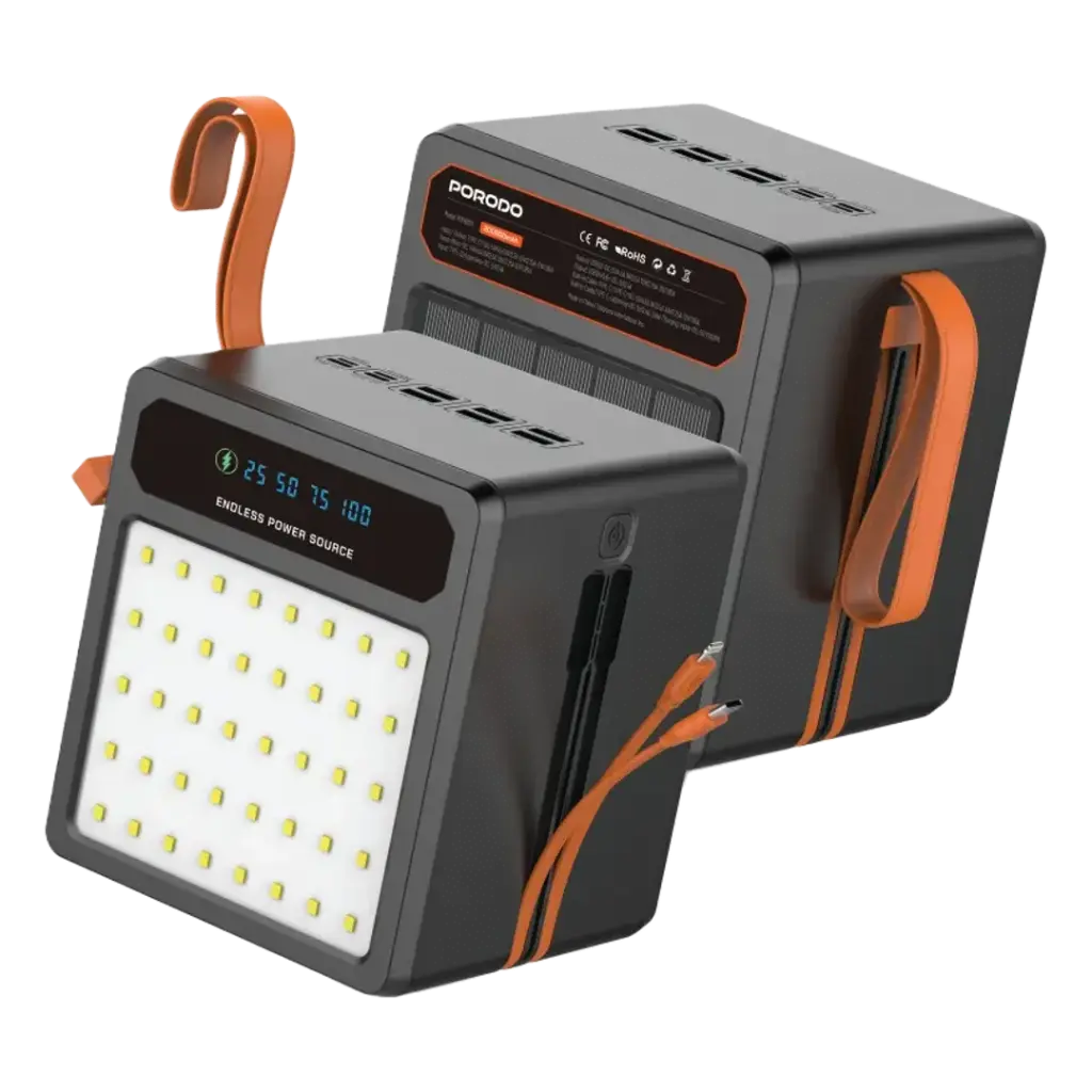 Porodo Solar Powerbank 200000mAh with LED light Built in cable 22.5W - Black