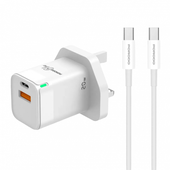 Porodo Blue 20W Wall Charger PD Type-C and QC Type-A UK with Cable - White
