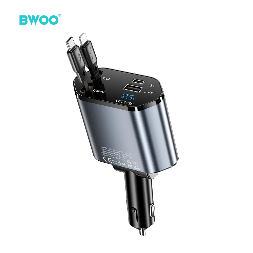 BWOO 120W 4 in 1 Car Charger with 2 Retractable Cables