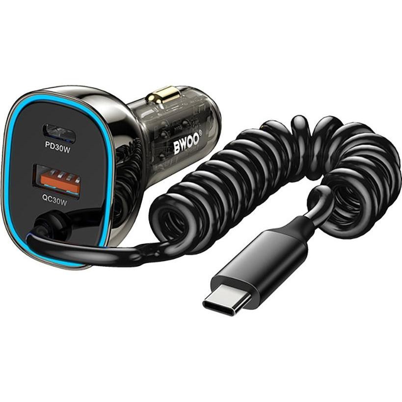 [BO-CC96C] BWOO 30W Dual Ports Car Charger with USB-C Coiled Cable