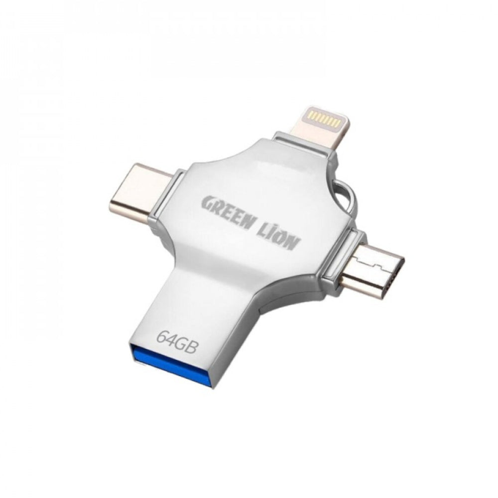 Green Lion 4-in-1 USB Flash Drive 64GB - USB-A, USB-C, Micro-USB & Lightning - Silver