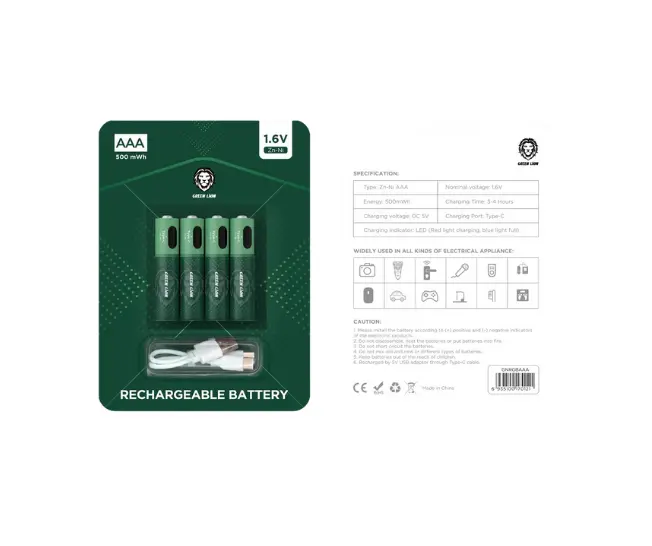 [GNRGBAAA] بطاريات Green Lion قابلة لإعادة الشحن مقاس AAA (4 حبات) 1.6V - أخضر